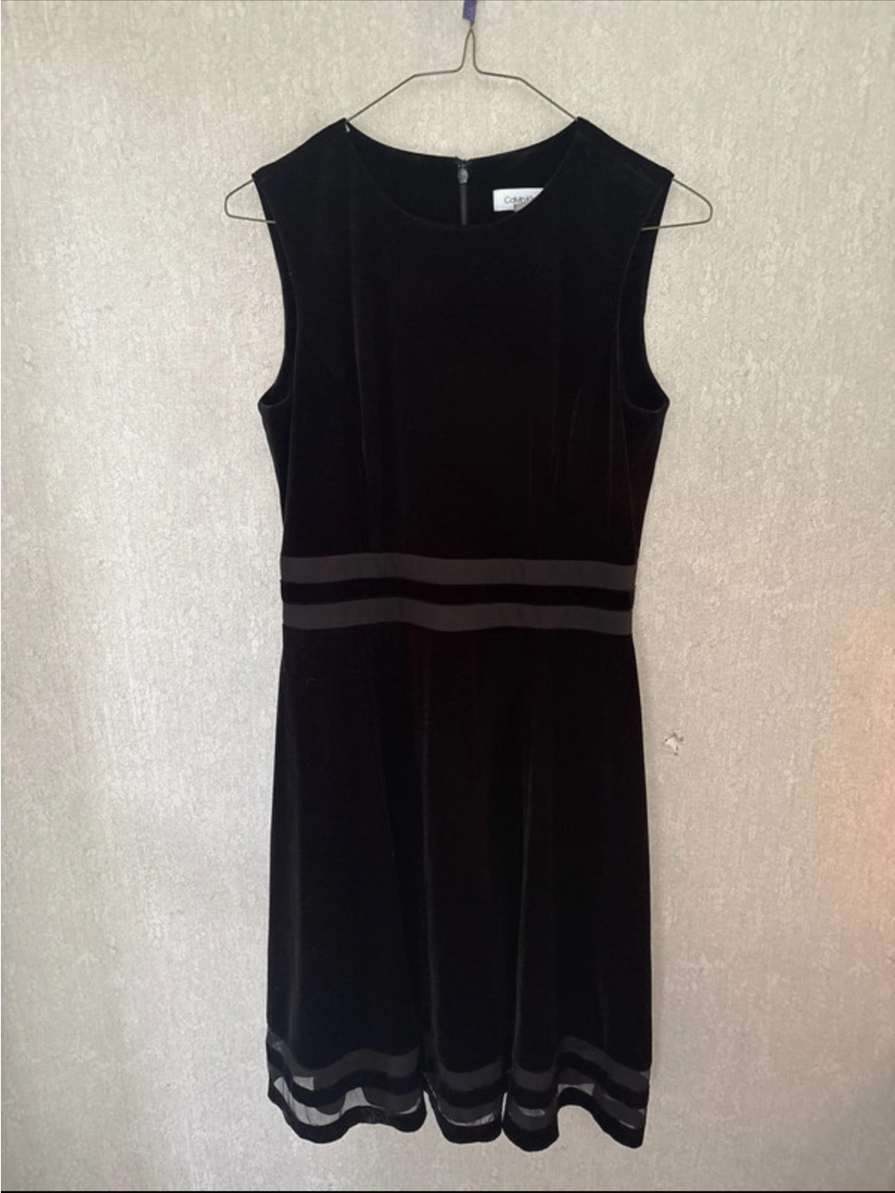 Calvin Klein Black Velvet Sleeveless Dress with Waist & Hem Stripes